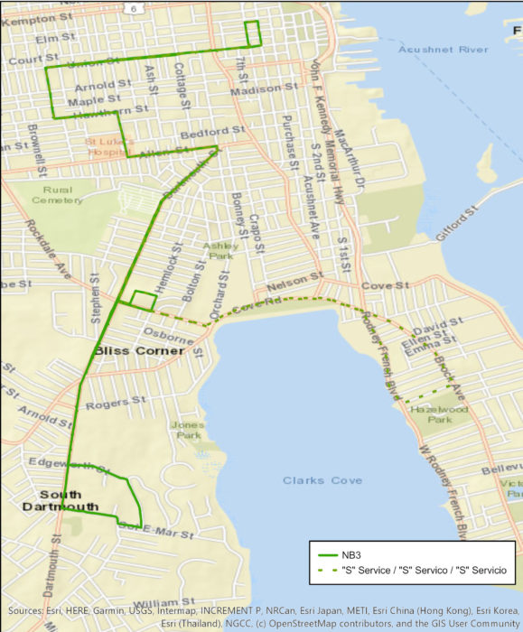 The New Bedford Route 3 Dartmouth Street route map depicting the changes to the outbound and inbound route alignment.