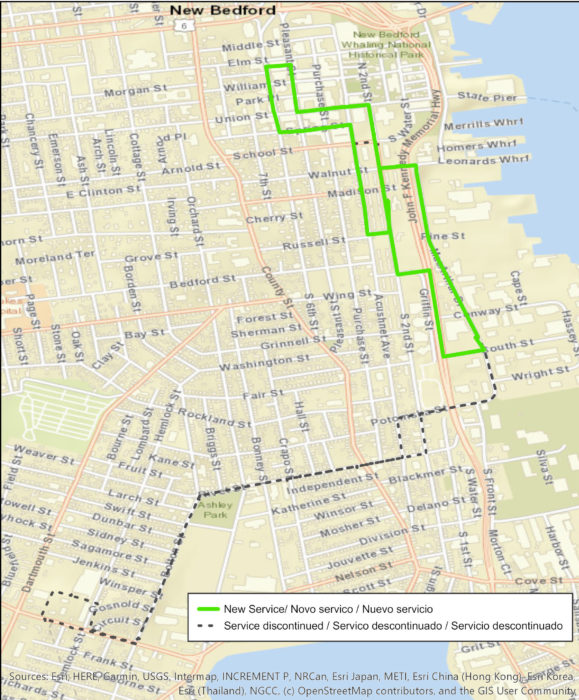 The New Bedford Route 5 Rivet Street route map depicting the changes to the outbound and inbound route alignment.