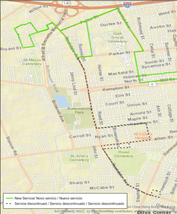 The New Bedford Route 6 Shawmut route map depicting the changes to the outbound and inbound route alignment.